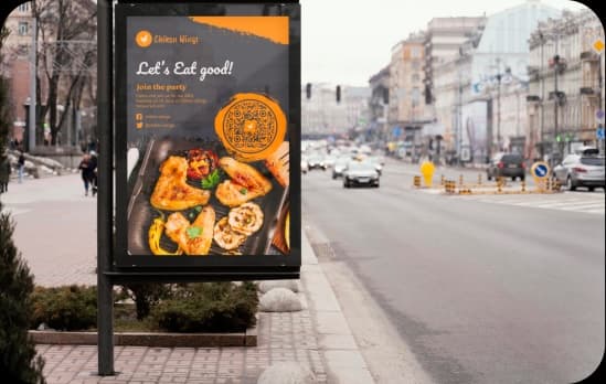 street banner advertisement with all you can eat event and QR code to the restaurant