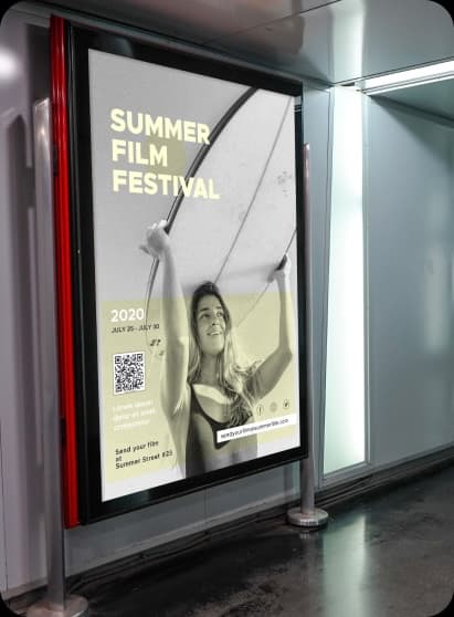 indoor billboard with summer film festival and QR code to find out more about the event