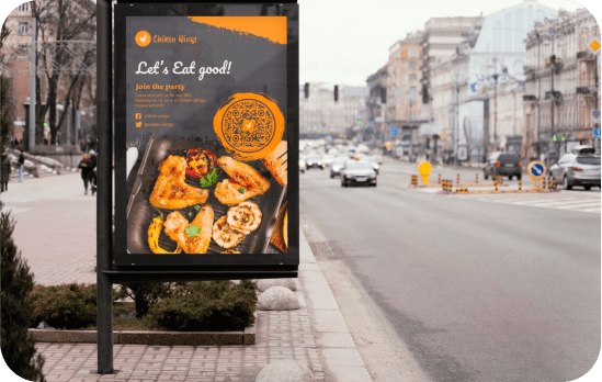 street banner advertisement with all you can eat event and QR code to the restaurant