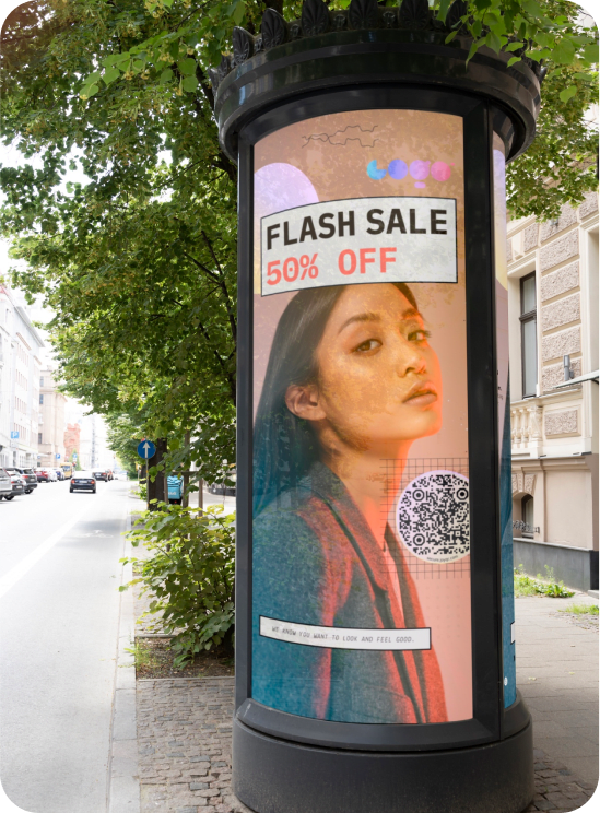 Column advertising flyer on the flash sale in the clothing store and QR code to e-commerce store