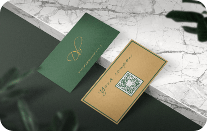 green and gold business card for e-commerce store coupon in QR code